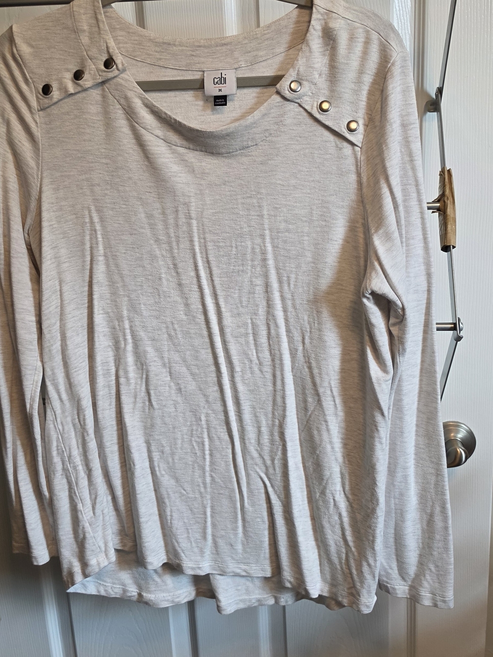 CAbi Heathered Cream Long Sleeve Top with Shoulder Snap Details
